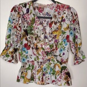 PHILOSOPHY Floral Boho Wrap Blouse V neck Smocked Waist and Ruffle Hem & Sleeves